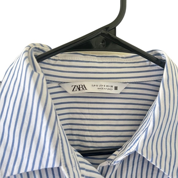 Zara Cropped Blue & White Striped Button Front Blouse - Picture 4 of 10